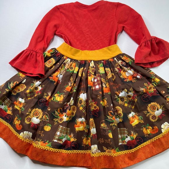 NEW KPea Original Fall Harvest Print Ruffle Sleeve Thanksgiving Holiday Dress - Picture 6 of 11